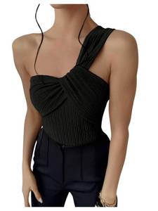 lot 6330 image: OYOANGLE Womens One Shoulder Bodysuit Top Sleeveless Twist Front Slim Fit