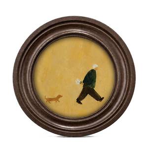 lot 6347 image: MOCHPEN Round Wall Art Walking Man With Dog Vintage Painting 5.7x5.7 Inch
