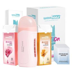 lot 6352 image: Waxfans Roll-On Hair Removal Wax Kit, 2 Refills, 50 Wax Strips, Pink