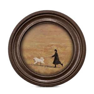 lot 6357 image: MOCHPEN Round Wall Art Woman Walking Dog 5.7 x 5.7 Inch