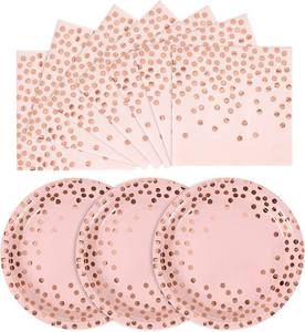 lot 6400 image: CENLBJ Paper Plates and Napkins Pink Rose Gold Polka Dot Party Supplies 50 Pcs