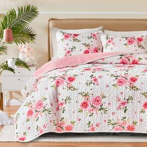 lot 7918 image: UOZZI BEDDING Floral Quilt Set Queen Size 3 Pieces Pink White Reversible
