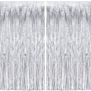 lot 8003 image: GREATRIL Silver Metallic Foil Fringe Backdrop Curtain 8.2ft x 3.2ft Pack of 2
