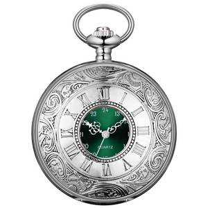 lot 8028 image: BOSHIYA Mens Pocket Watch Green Dial Roman Numeral Silver Quartz with Chain