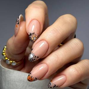 lot 8094 image: RIICFDD Halloween Press On Nails Medium Almond Skull Ghost French Fake Nails