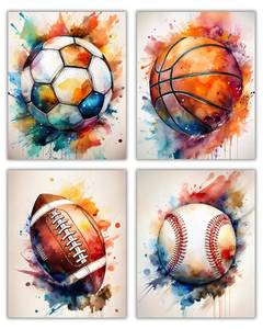 lot 10027 image: CNTG Design Sports Wall Art Set of 4, 8x10 Inch Unframed Watercolor Posters Soccer, Basketball, Baseball & American Football Sport Decor for Boys Room, Gym, Man Cave