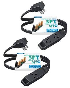 lot 10491 image: DEWENWILS 2 Pack 3FT Black 3 Outlet Flat Extension Cord 163, ETL Listed