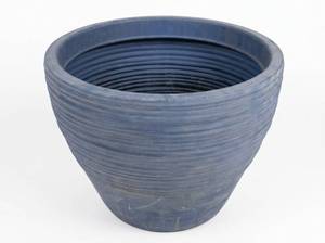 lot 11105 image: Blue Ribbed Round Plastic Planter Pot with Tapered Body 14in