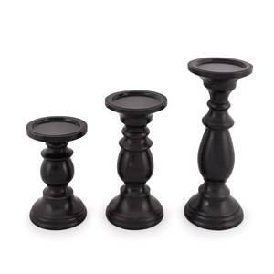 lot 13009 image: Samhita Set of 3 Farmhouse Mango Wood Candle Holders Black Finish