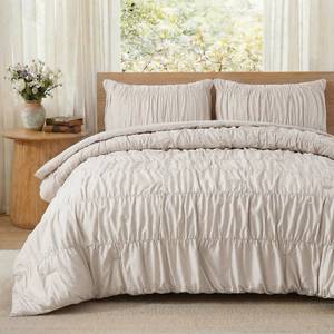 lot 13022 image: Bedbay Beige Ruched Duvet Cover Set Queen 100% Cotton 3-Piece