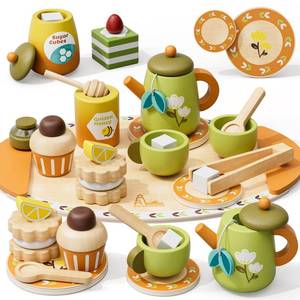 lot 13025 image: RRIBOUDWAN Wooden Tea Party Set for Kids Ages 3-5 with Desserts