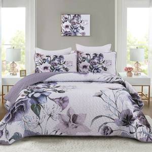 lot 13951 image: Drucon Purple Floral Quilt Set Queen Size 3 Piece Microfiber Bedspread