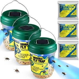 lot 13965 image: Qualirey Solar Outdoor Fly Trap 3-Pack with 3 Bait Refills, Reusable
