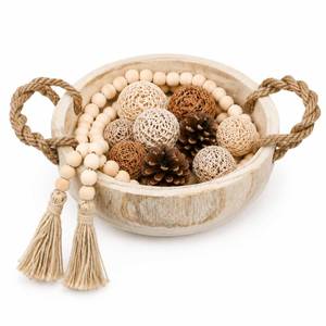 lot 13981 image: Jowgut Paulownia Wood Dough Bowl 9.5 D x 3 H with Bead Garland