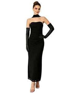 lot 14186 image: RARITYUS Womens Strapless Maxi Dress Set with Mesh Gloves and Scarf Black Large