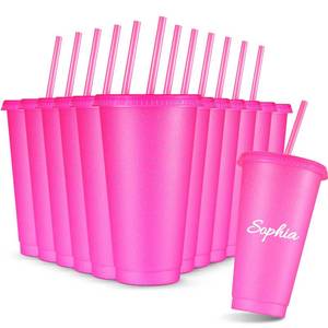 lot 14192 image: Amyhill 12 Pack Glitter Plastic Tumblers with Lids and Straws 24 oz Hot Pink