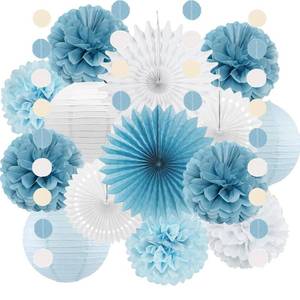 lot 14203 image: FETETIJD Dusty Blue White Party Decorations Paper Lanterns Pom Poms Fans