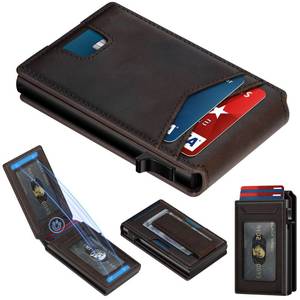 lot 14215 image: FURID Genuine Leather Mens Pop Up Wallet RFID Blocking Magnetic Money Clip