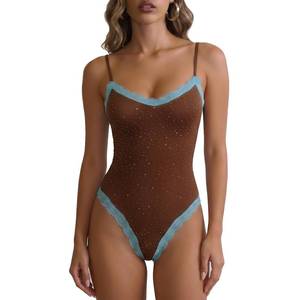 lot 14216 image: SUEER Womens Lace Bodysuit Rhinestone Leotard Coffee One Size  Retail $199