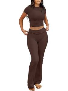 lot 14268 image: ANRABESS Womens 2 Piece Lounge Set Crop Top and Flare Pants, Brown, Size S