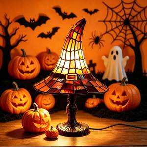 lot 17751 image: Niaoyun Stained Glass Style Witch Hat Table Lamp 7 Inch USB