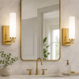 lot 17808 image: Emak Brushed Gold Wall Sconce Vanity Light E26 2-Pack WS086-BGD-ML-2PK