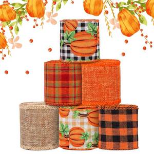 lot 18697 image: ZYP Fall Burlap Ribbon 6 Rolls 30 Yards 2.5 in Wired Edge Pumpkin Plaid