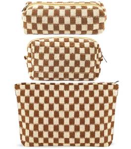 lot 18708 image: ZLFSRQ Checkered Cosmetic Makeup Bag Set 3 Pcs Brown