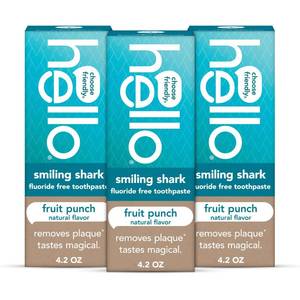 lot 18824 image: Hello Smiling Shark Fluoride Free Kids Toothpaste, Fruit Punch, 3 Pk, 4.2 Oz