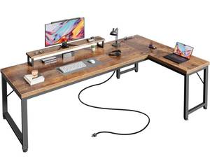 lot 19588 image: PRAISUN L-Shaped Computer Desk 61 Inch Monitor Stand Outlets Rustic Brown  Retail $129.99
