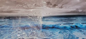 lot 19590 image: Wrapped Canvas Wall Art Print Ocean Waves Seascape w Birds Wood Frame 47x24(Wood Frame Damaged)