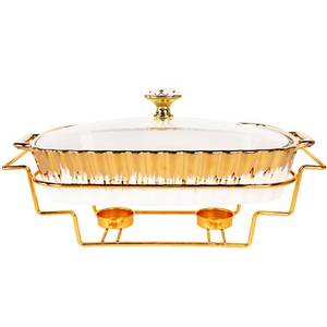 lot 19607 image: LIUYWYHCF Ceramic Casserole Baking Pan with Glass Lid, 1.6 Quart, Gold Accent