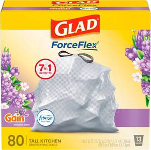 lot 19618 image: Glad ForceFlex Tall Kitchen Drawstring Trash Bags, 13 Gal, Gain Lavender, 80 Ct
