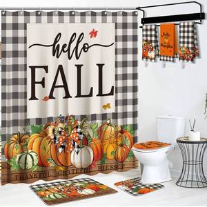 lot 19621 image: Fall Shower Curtain Set 7 Pcs Pumpkin Bathroom Decor