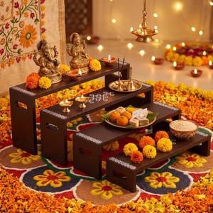 lot 19622 image: DoubleFill Wooden Diwali Pooja Stand Set 4 Tier Kolam Print