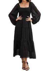 lot 20116 image: Olaesa Boho Chiffon Maxi Dress Long Sheer Sleeve Smocked Square Neck Tiered XL