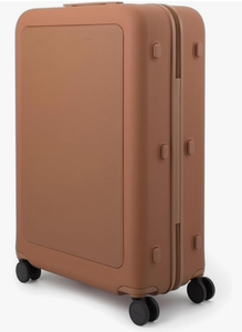 lot 1590 image: Rust-Orange Hardside Spinner Suitcase w Faux Leather Panel & Telescoping Handle