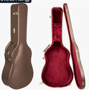 lot 1593 image: Brown Faux Leather Hardshell Guitar Case with Burgundy Plush Interior