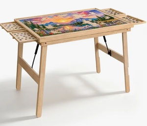 lot 7930 image: Natural wood and fabricate Puzzle Table with 4 drawers 3ftx2ft