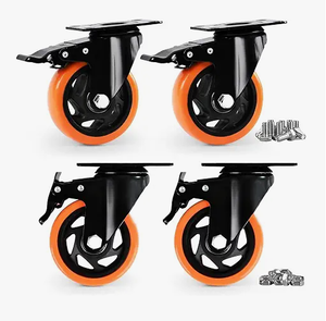 lot 18813 image: Swivel Casters w Brake Lever, Orange Wheels, Threaded Stem and Hardware