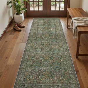 lot 1705 image: Restydon Floral Runner Rug 2x6 Washable Non-Slip Dark Green