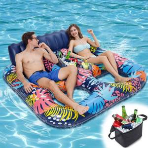 lot 1710 image: PuppyuWill 2-Person Inflatable Pool Float Lounger with Cooler, 71 x 61 In