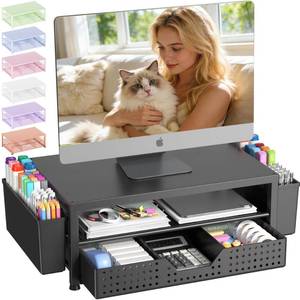 lot 1716 image: OPNICE 2-Tier Monitor Stand Riser with Drawer and 2 Pen Holders, Black
