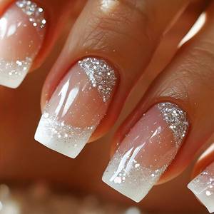 lot 2042 image: AROVFAM White French Tip Press On Nails 24 Pcs Silver Glitter Medium Square