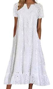 lot 2053 image: Chouyatou Womens Floral Lace Eyelet Ruffle Hem Midi Dress White X-Large