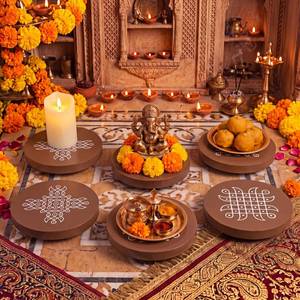 lot 2068 image: DoubleFill 6 Pcs Wooden Kolam Pooja Chowki Riser Brown 3.15 x 3.15 in