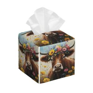 lot 2183 image: Leather Tissue Box Holder Cow With Flowers 5.2 Inch Square