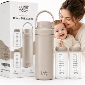 lot 5560 image: Flourish Baby Beige Travel Breast Milk Cooler 22oz with 2 Baby Bottles