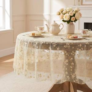 lot 6003 image: Horaldaily Gauze Flower Table Cloth Beige 60 x 60 Inch Round
