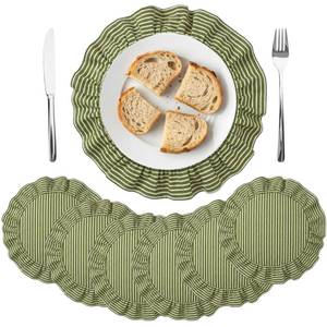 lot 6006 image: Yiyiring Round Placemats Set of 6 Green Striped Ruffled 15 Inch